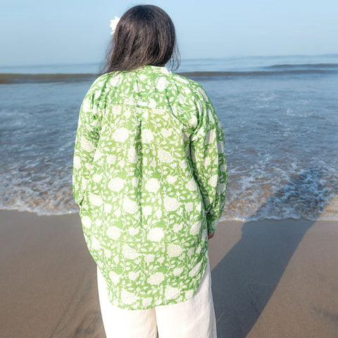Green Floral Hand Block Printed Shirt
