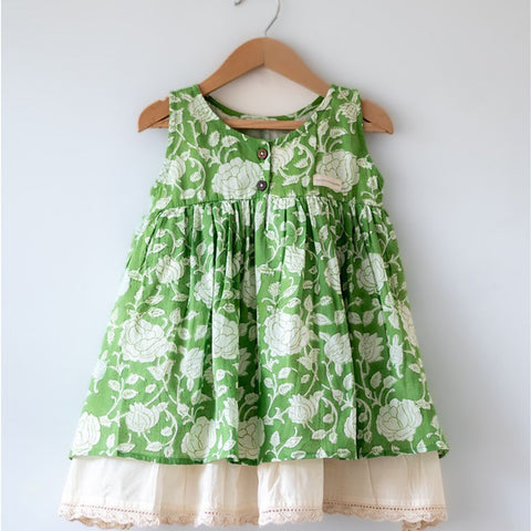 Green Floral Hand Block Printed Layered Dress