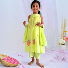 Load image into Gallery viewer, Neon Yellow Prickly Pear Embroidered Cotton Kurta With Pant & Dupatta