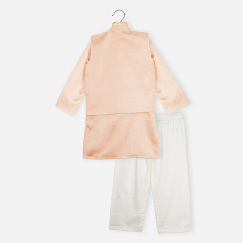 Peach Embroidered Nehru Jacket With Kurta & Pajama