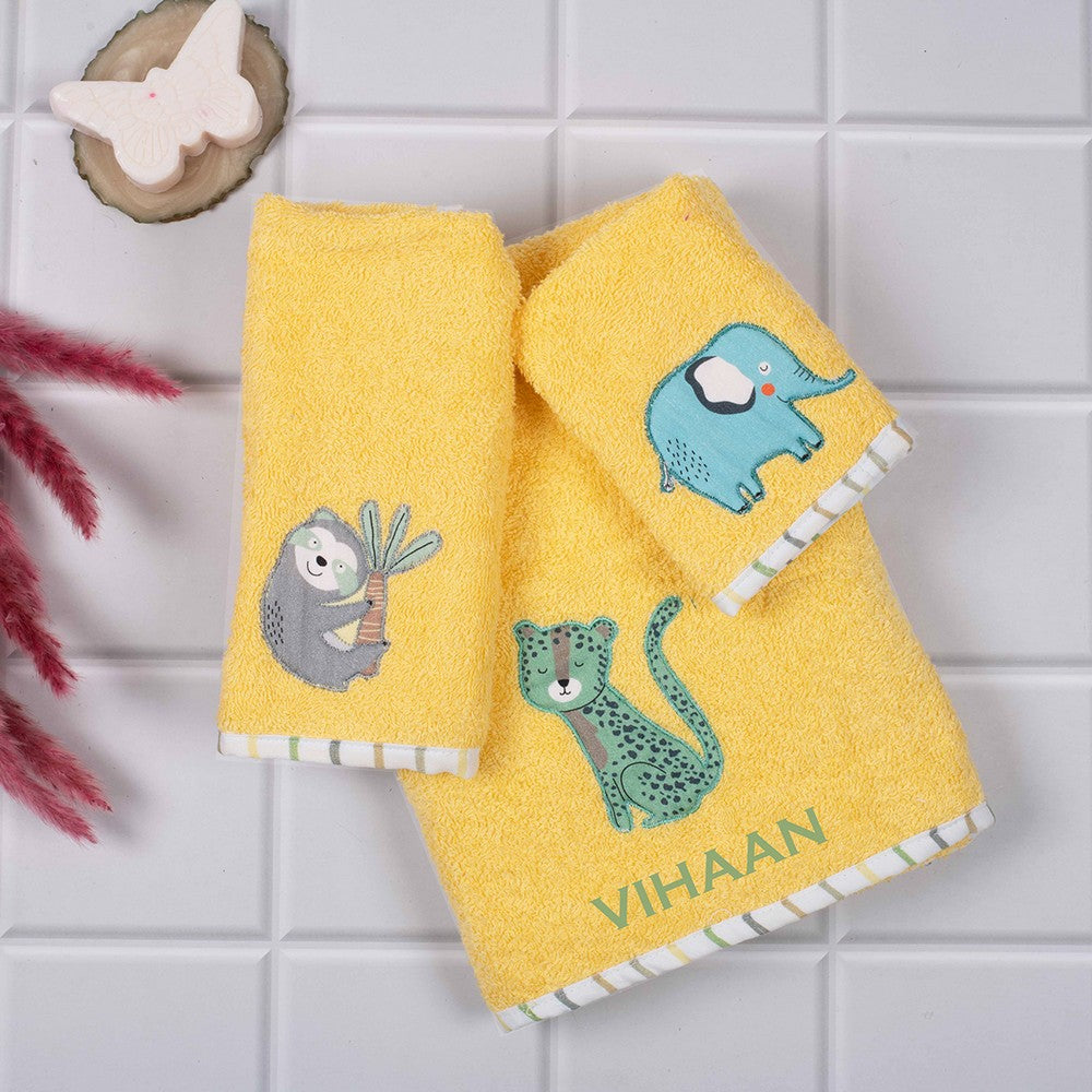 Yellow Animal Towels, Hand Towel & Face towel- Set Of 3