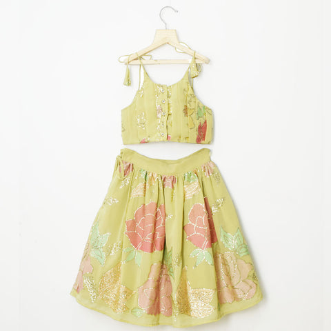 Green Georgette Flower Embroidered Ghagra Choli