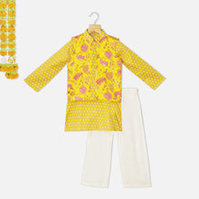 Load image into Gallery viewer, Yellow Floral Nehru Jacket With Kurta & Pyjama