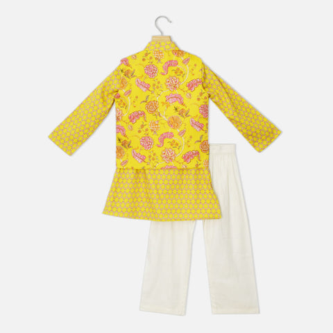 Yellow Floral Nehru Jacket With Kurta & Pyjama