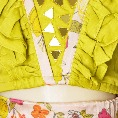 Green Frill Neck Choli With Floral Ghagra