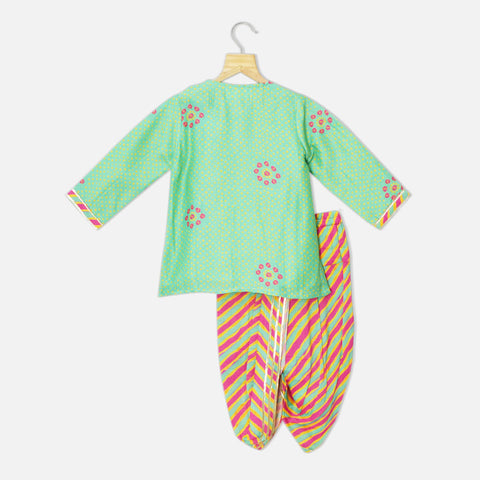 Green Bandhani Angrakha Kurta With Leheria Dhoti Set
