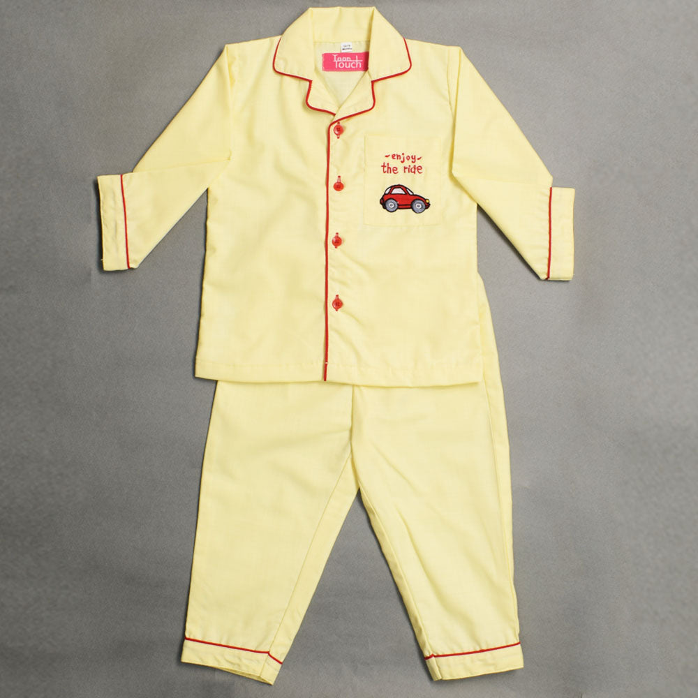 Yellow Car Embroidered Pocket Full Sleeves Cotton Nightsuit