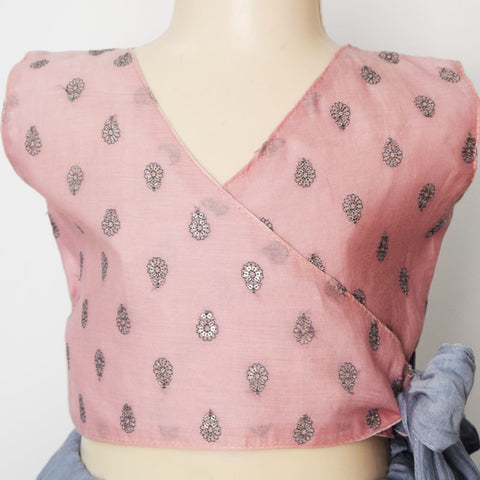 Pink Angrakha Style Choli With Powder Blue Lehenga Set