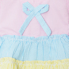 Load image into Gallery viewer, Blue Striped Printed Tiered Half Sleeves Frock