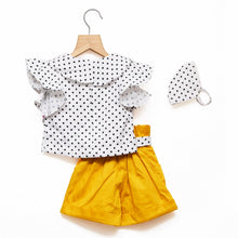 Load image into Gallery viewer, Polka Dots White Top With Yellow Shorts And Mask