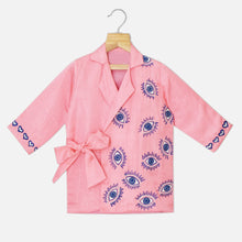 Load image into Gallery viewer, Pink Eye Embroidered Wrapped Blazer With Blue Skirt