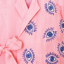 Load image into Gallery viewer, Pink Eye Embroidered Wrapped Blazer With Blue Skirt
