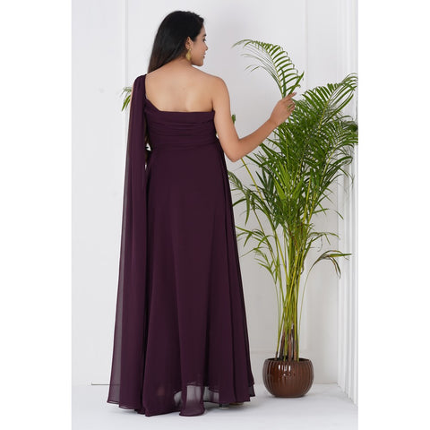 Maroon One Shoulder Drape Maternity Gown