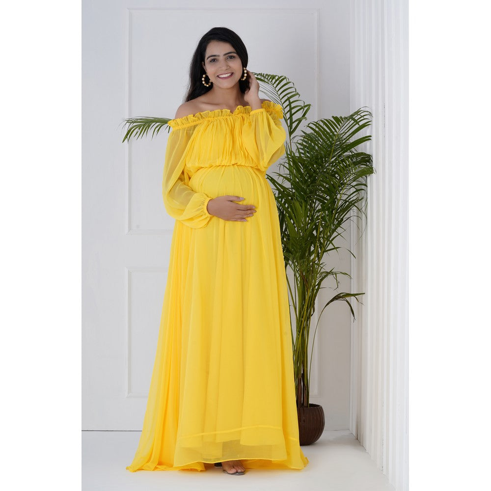 Yellow Ruffle Off Shoulder Maternity Gown
