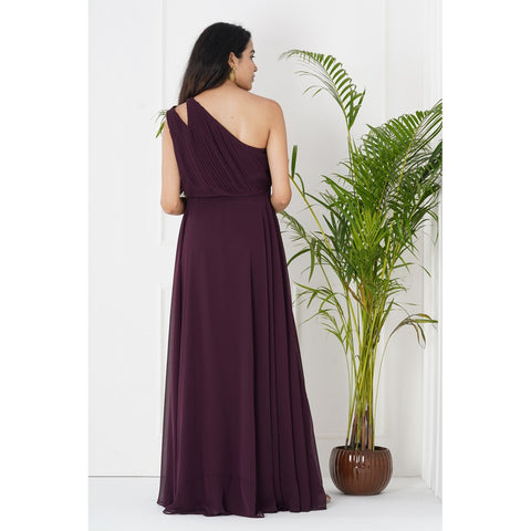 Maroon One Shoulder Pleated Maternity Gown