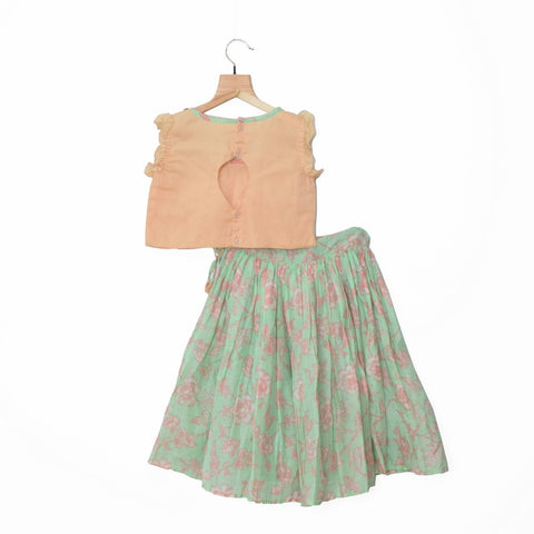 Peach Embellished Top & Floral Printed Ghagra