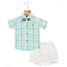 Load image into Gallery viewer, Blue Plaid Checked Shirt With White Shorts & Bow Tie