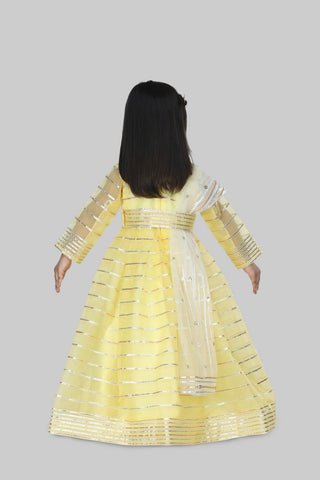 Yellow Organza Lace Work Anarkali With Dupatta And Matching Hand Bag