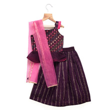 Load image into Gallery viewer, Wine Mirror Work Peplum Top And Skirt With Pink Net Dupatta
