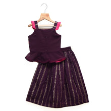 Load image into Gallery viewer, Wine Mirror Work Peplum Top And Skirt With Pink Net Dupatta