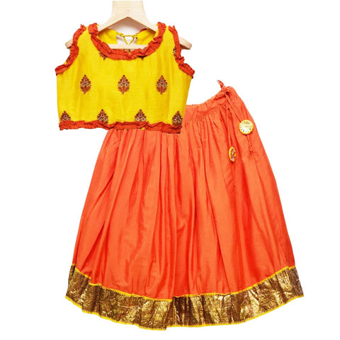 Yellow Embroidered Work Top with Ghagra