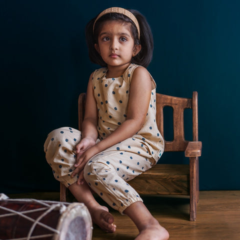 Indigo Beige Organic Polka Jhabla With Polka Pants