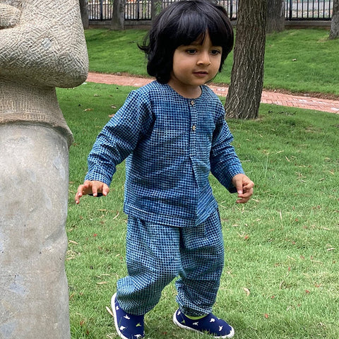 Organic Indigo Check Kurta With Matching Pant