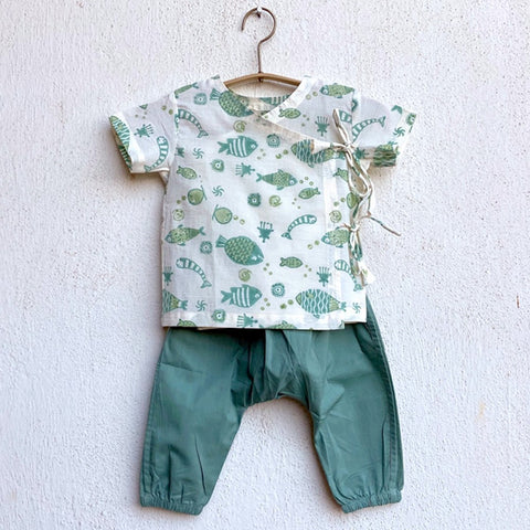 Organic Koi Mint Fish Print And White Angarakha With Mint Pants