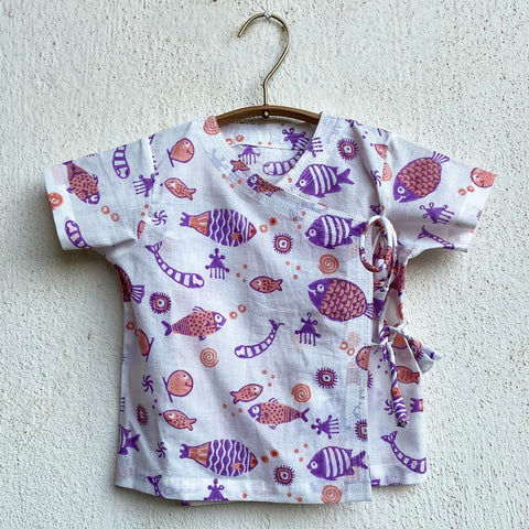 Organic Koi Peach Print Angrakha Top With Pants