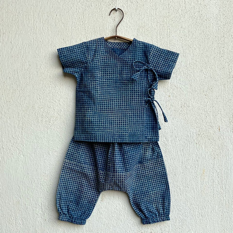 Organic Yellow Jhabla And Indigo Check Angarakha With Pant