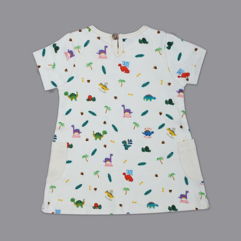 White Dino Theme Half Sleeves Dress