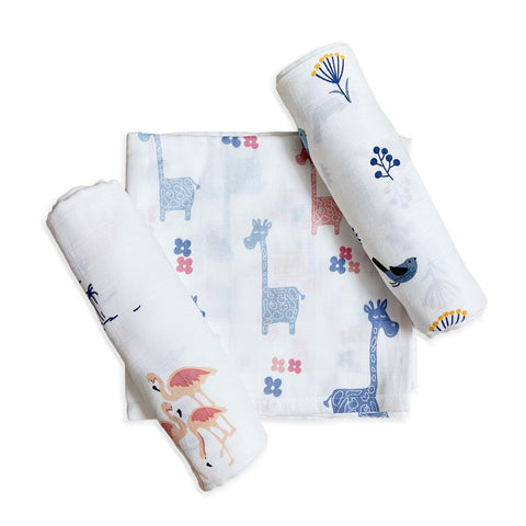 Bird, Giraffe & Flamingo Design Muslin Swaddle Wrap- Pack Of 3