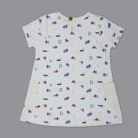 White Aeroplane Printed Half Sleeves Dress