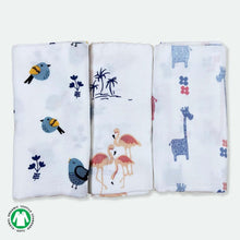Load image into Gallery viewer, Bird, Giraffe & Flamingo Design Muslin Swaddle Wrap- Pack Of 3