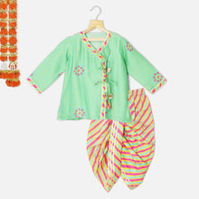 Load image into Gallery viewer, Green Bandhani Angrakha Kurta With Leheria Dhoti Set