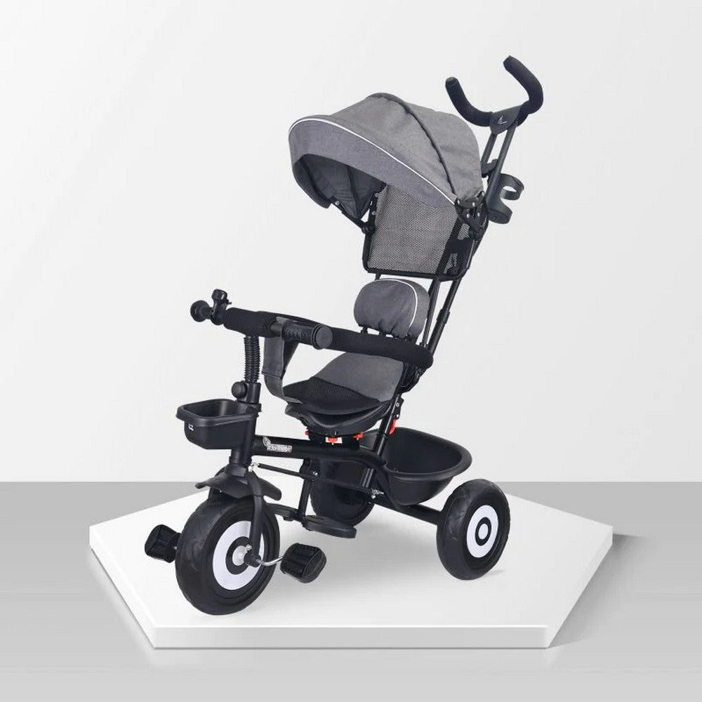 Grey Tiny Toes T40 Ace Tricycle With 360 Rotatable Seat, Adjustable Canopy, Parental Control, Front & Rear Baskets