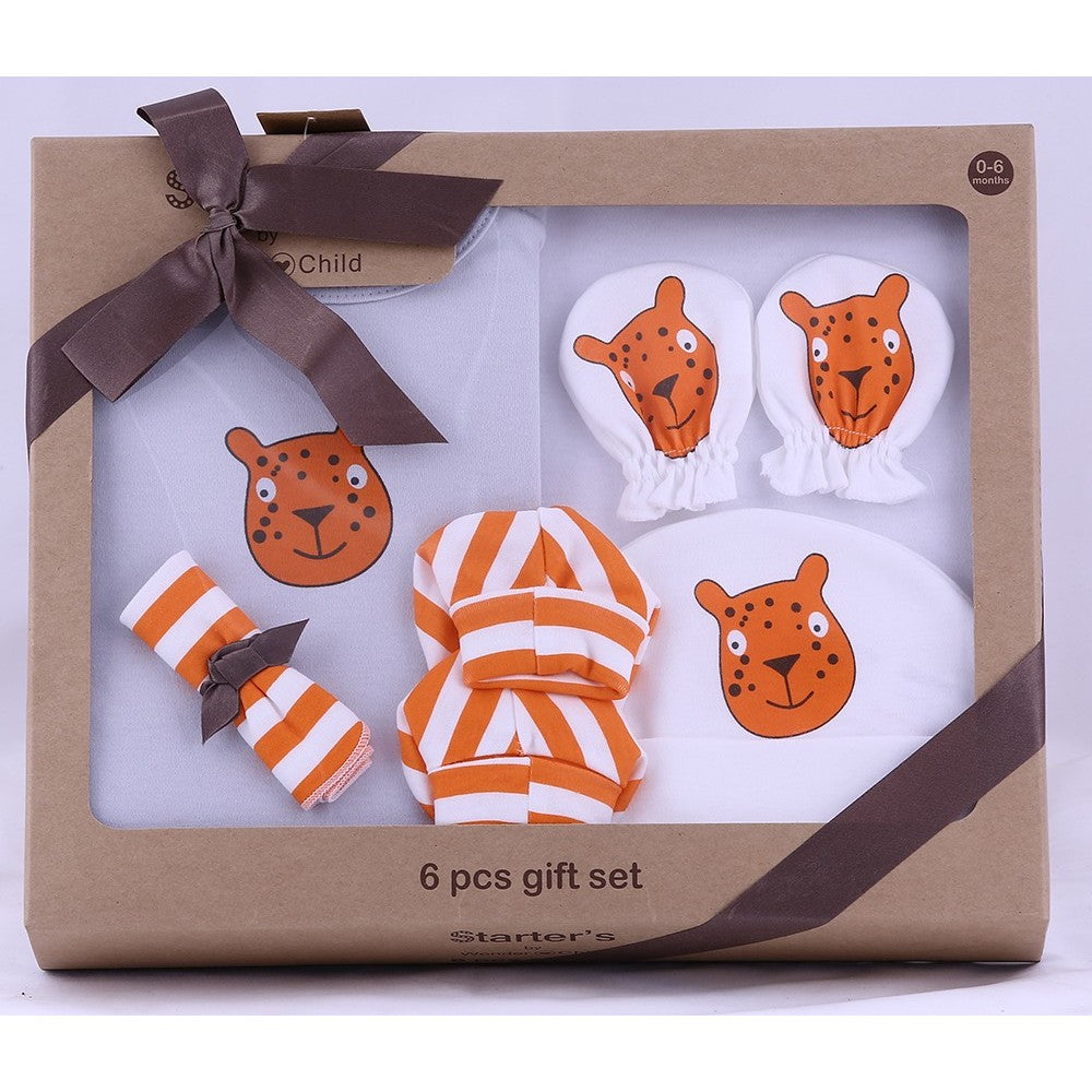 White & Orange Cheetah Printed Newborn Baby Boy Gift Set- 6Piece