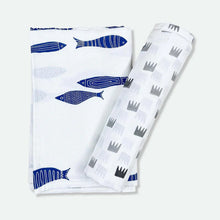 Load image into Gallery viewer, Grey Crowns &amp; Indigo Aquarium Combo Swaddles- Pack Of 2
