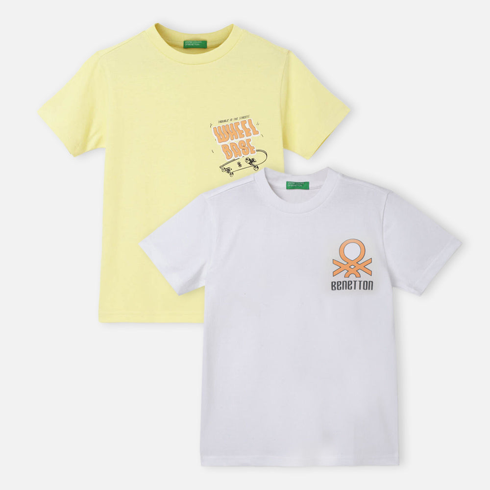 White & Yellow Round Neck T-Shirt (Pack Of 2)