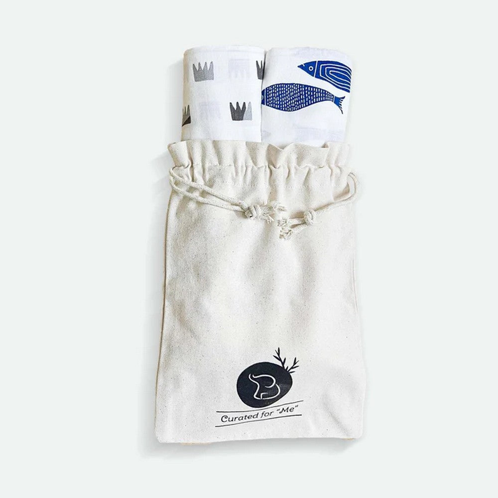 Grey Crowns & Indigo Aquarium Combo Swaddles- Pack Of 2