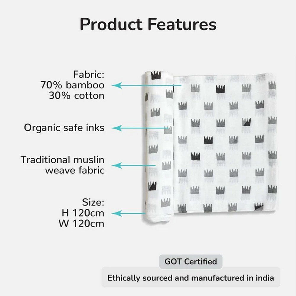 Grey Crowns Organic Bamboo Baby Swaddle- Pack Of 2