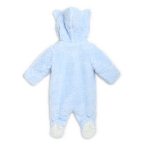 Blue Fleece Hooded Footsie With 3D Ear Details & Folded Mittens