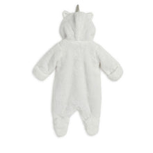 Load image into Gallery viewer, White Fleece Hooded Footsie With 3D Unicorn Details &amp; Folded Mittens
