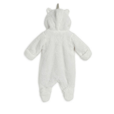 White Fleece Hooded Footsie With 3D Unicorn Details & Folded Mittens