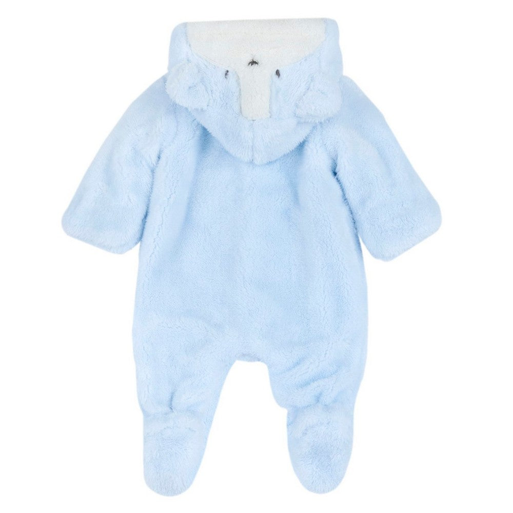 Blue Hooded Footsie With 3D Ear Details & Folded Mittens