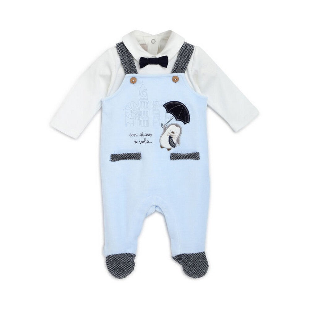 Blue Embroidered Winter Footsie Jumpsuit With White Full Sleeves Onesie