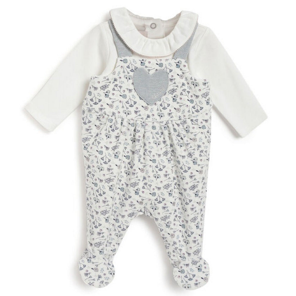 White Floral Footsie Dungaree With Full Sleeves Onesie