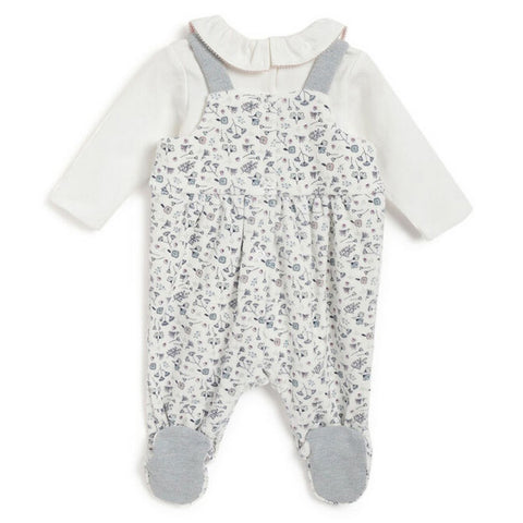 White Floral Footsie Dungaree With Full Sleeves Onesie