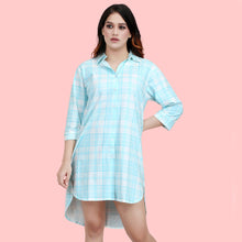 Load image into Gallery viewer, Blue Checked Casual Short Night Shirt Dress
