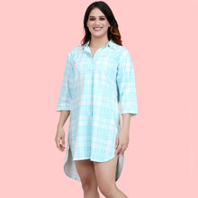 Load image into Gallery viewer, Blue Checked Casual Short Night Shirt Dress
